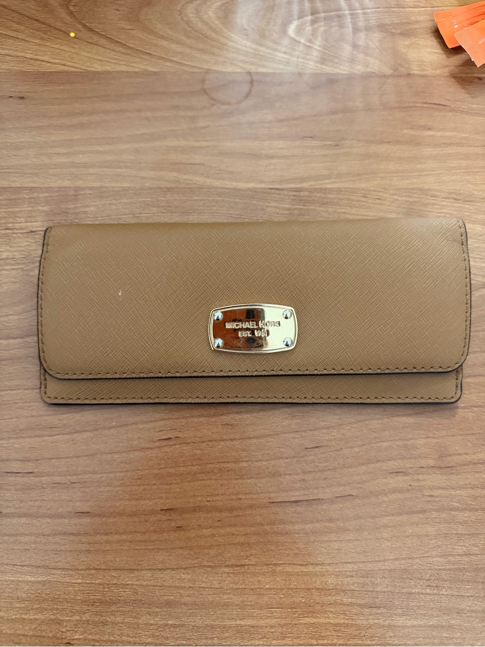 Michael Kors Beige/Tan Saffiano Continental Wallet with Gold Plate